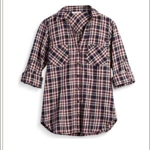 Navy/Burgundy Plaid. Fabric content unknown